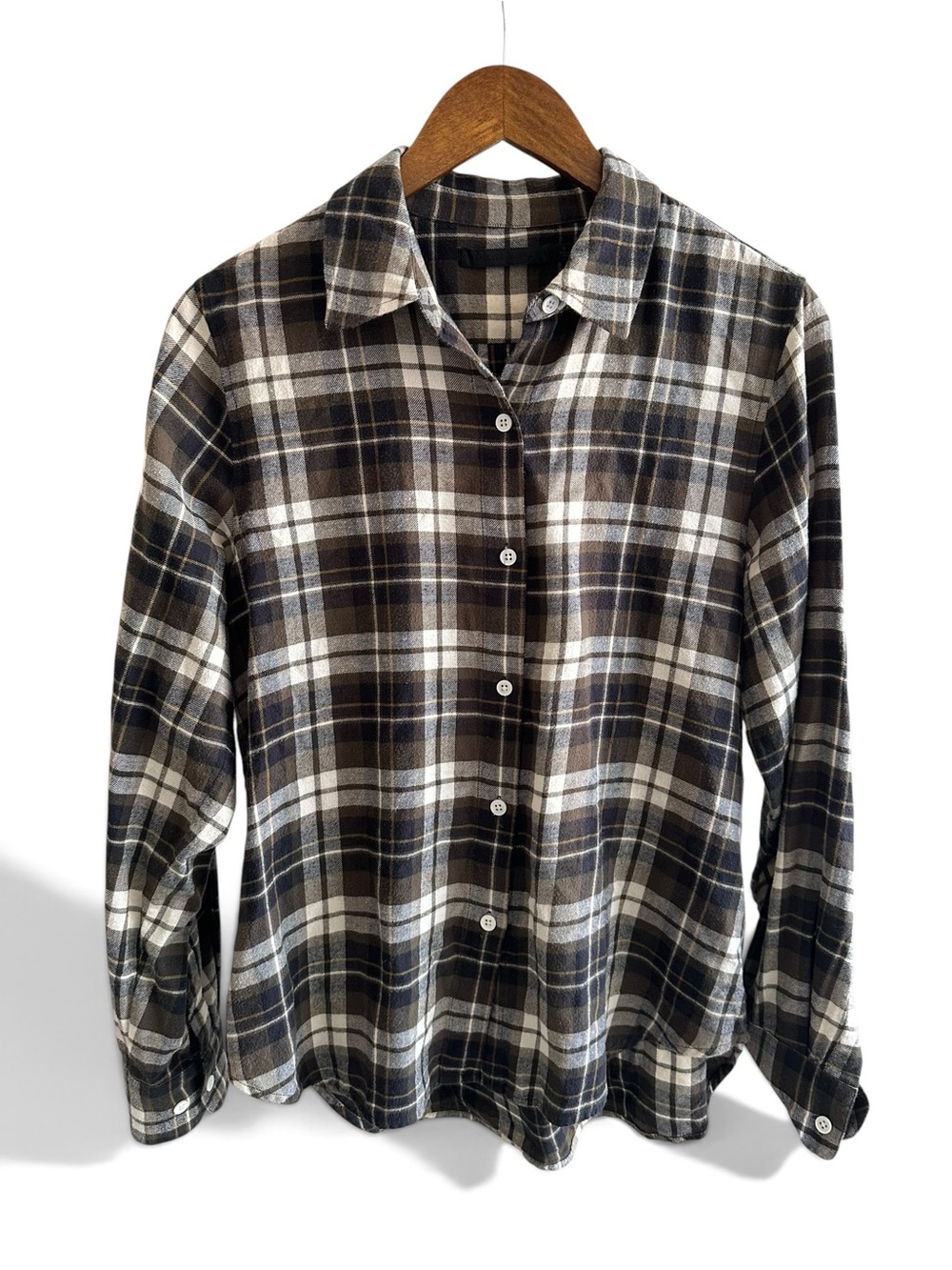 Jenni Kayne Women’s Plaid Flannel Button-Up Shirt S Brown & Cream Point Collar